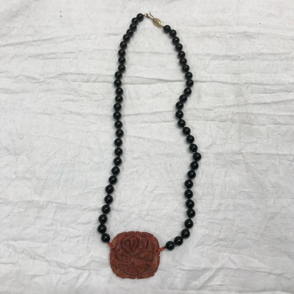 Antique 14K Onyx and Carved Flower in Coral Necklace c1900